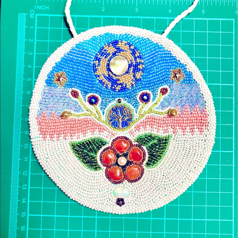 Beadwork Floral Medallion Necklace w/ Genuine Gemstone Opal Jewelry Pendant